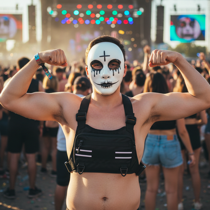 Average build masked guy at rave with chest bag