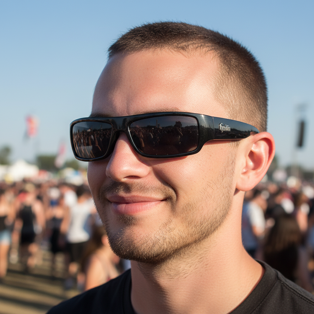 Close up portrait of guy with buzz cut and black wraparound sunglasses at festival