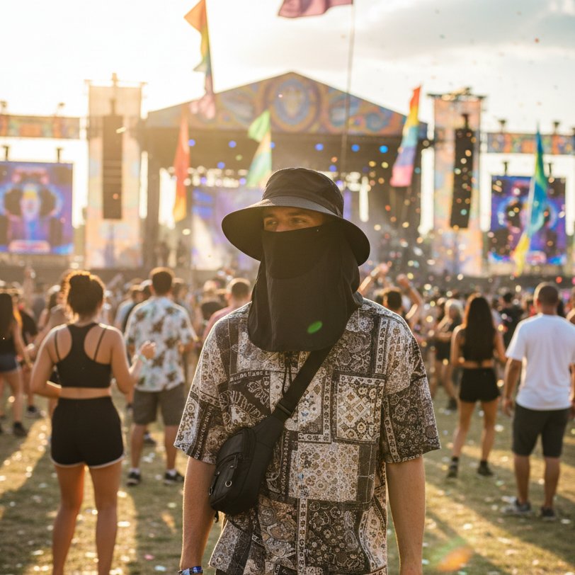 Guy at a daytime festival wearing the black hat