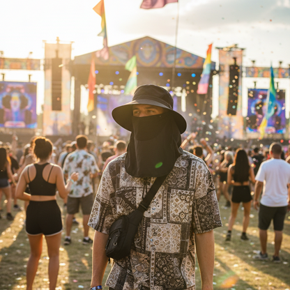 Guy at a daytime festival wearing the black hat
