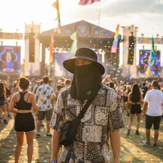 Guy at a daytime festival wearing the black hat