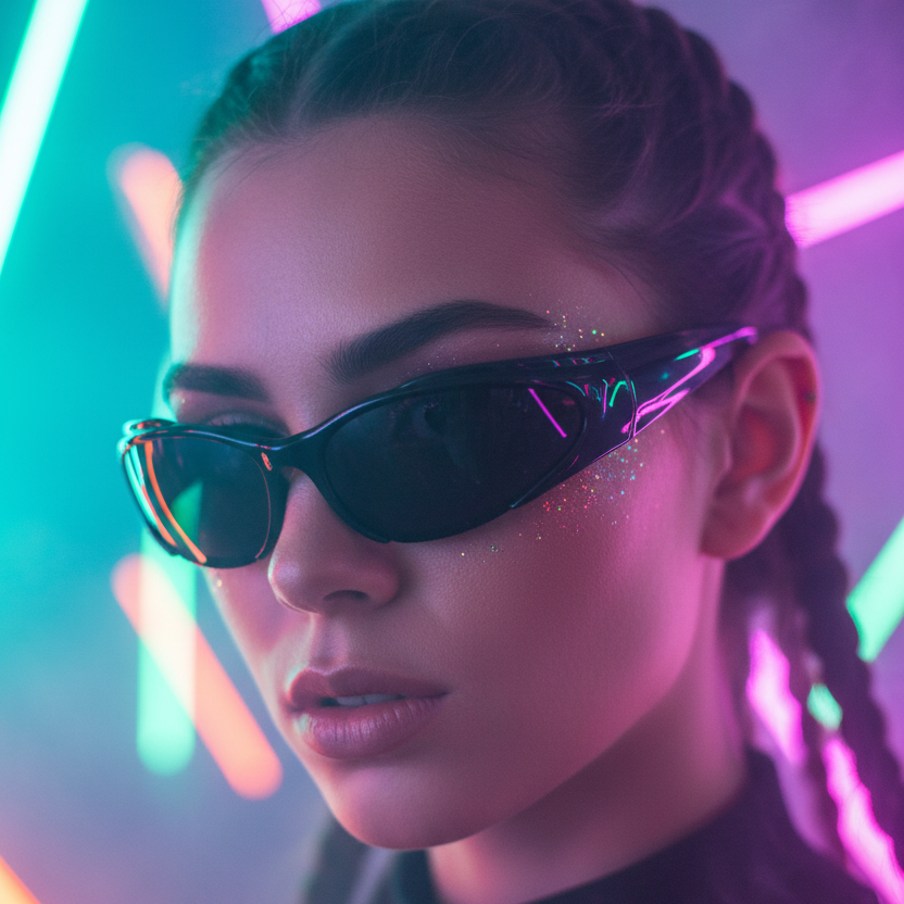 New girl at a rave with small black sunglasses